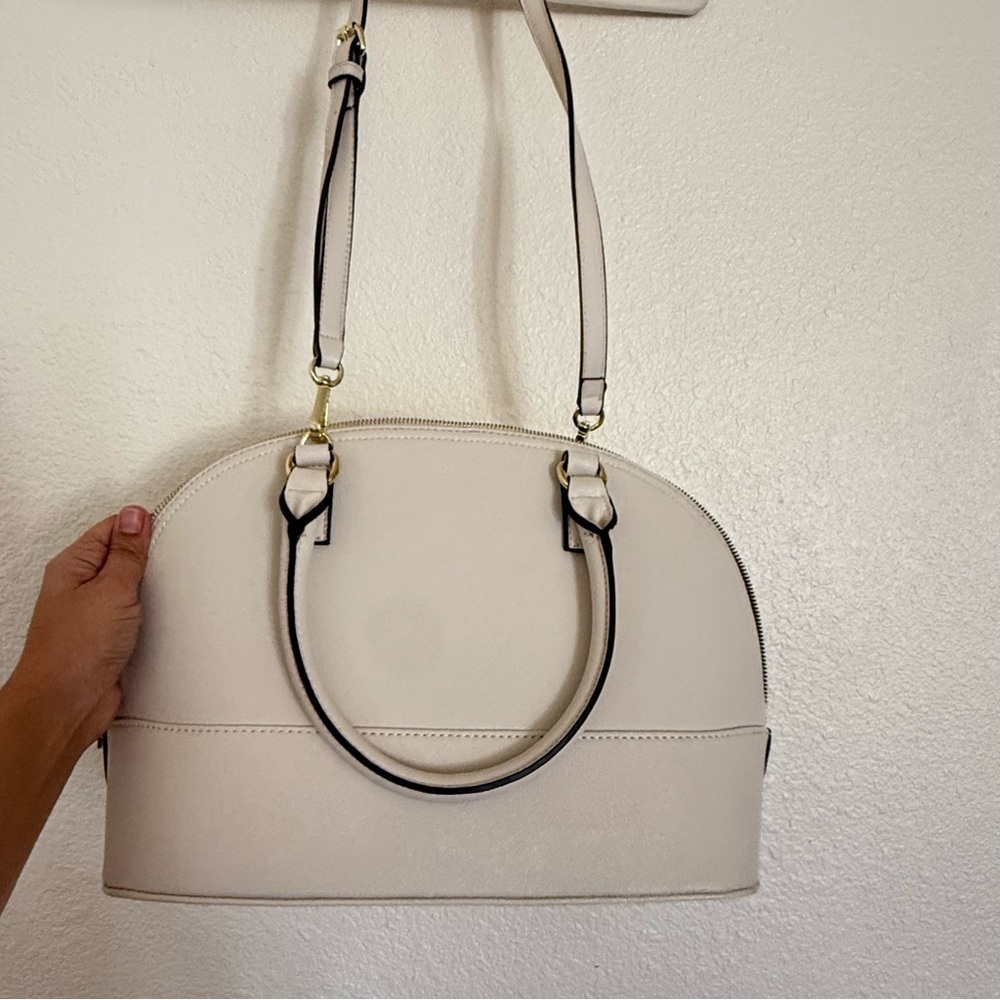 Anne Klein Shimmer Down Dome Satchel Off White Double Handle Minimalist Purse - Picture 7 of 8
